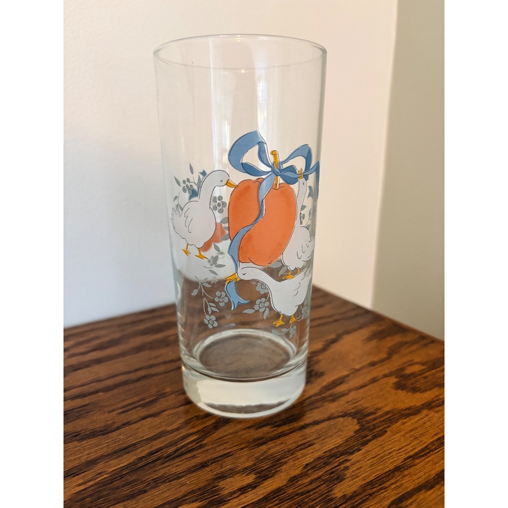 Vintage Libbey Country Geese Peach Highball Glass Blue Ribbon Tumbler Clear